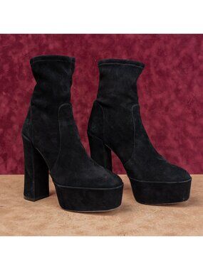 Stuart Weitzman Women SkyHigh Stretch Black Suede Platform Festival Boots sz 9.5